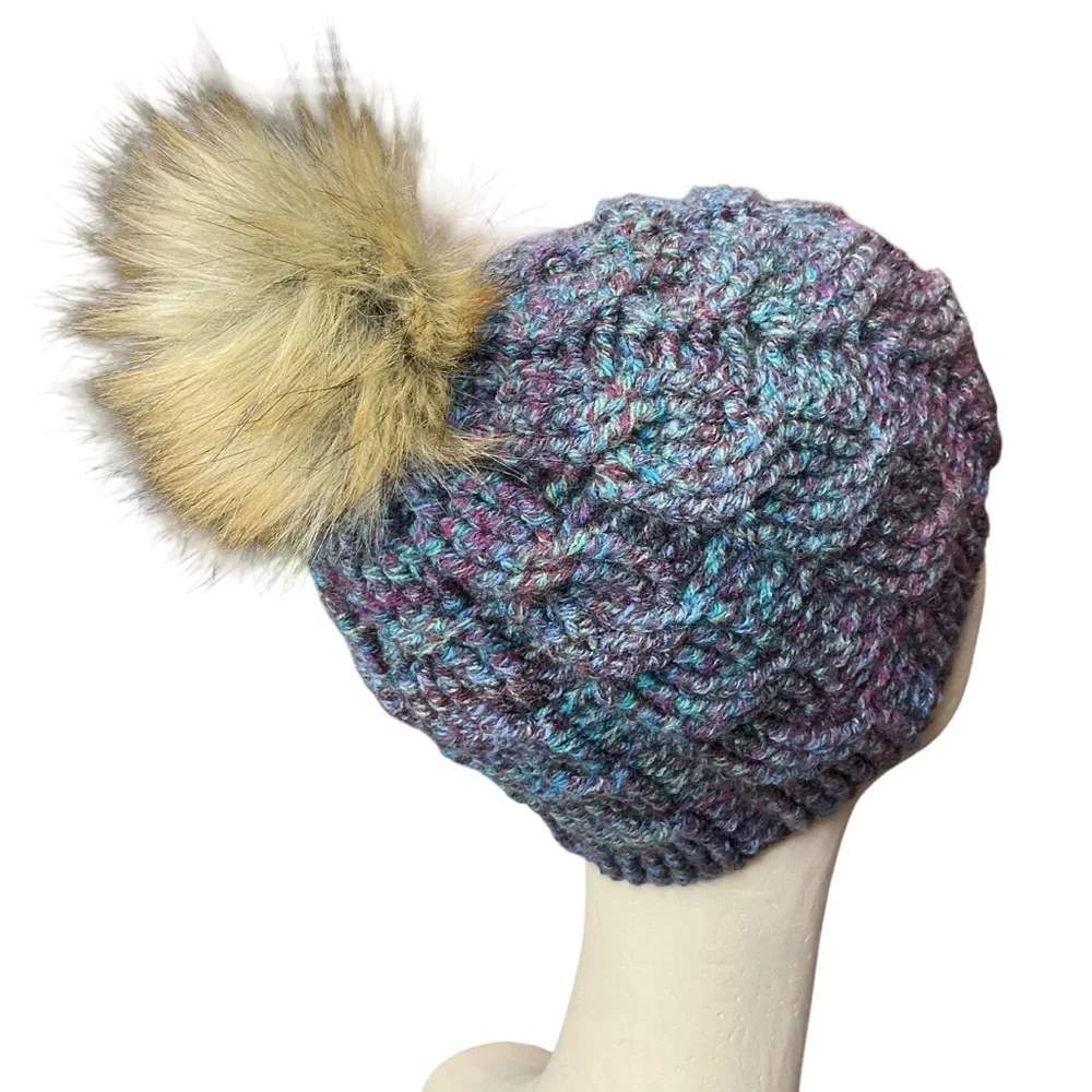 Cable Knit Crochet Beanie Hat Handcrafted With Faux Fur Pom Handmade Purple Blue